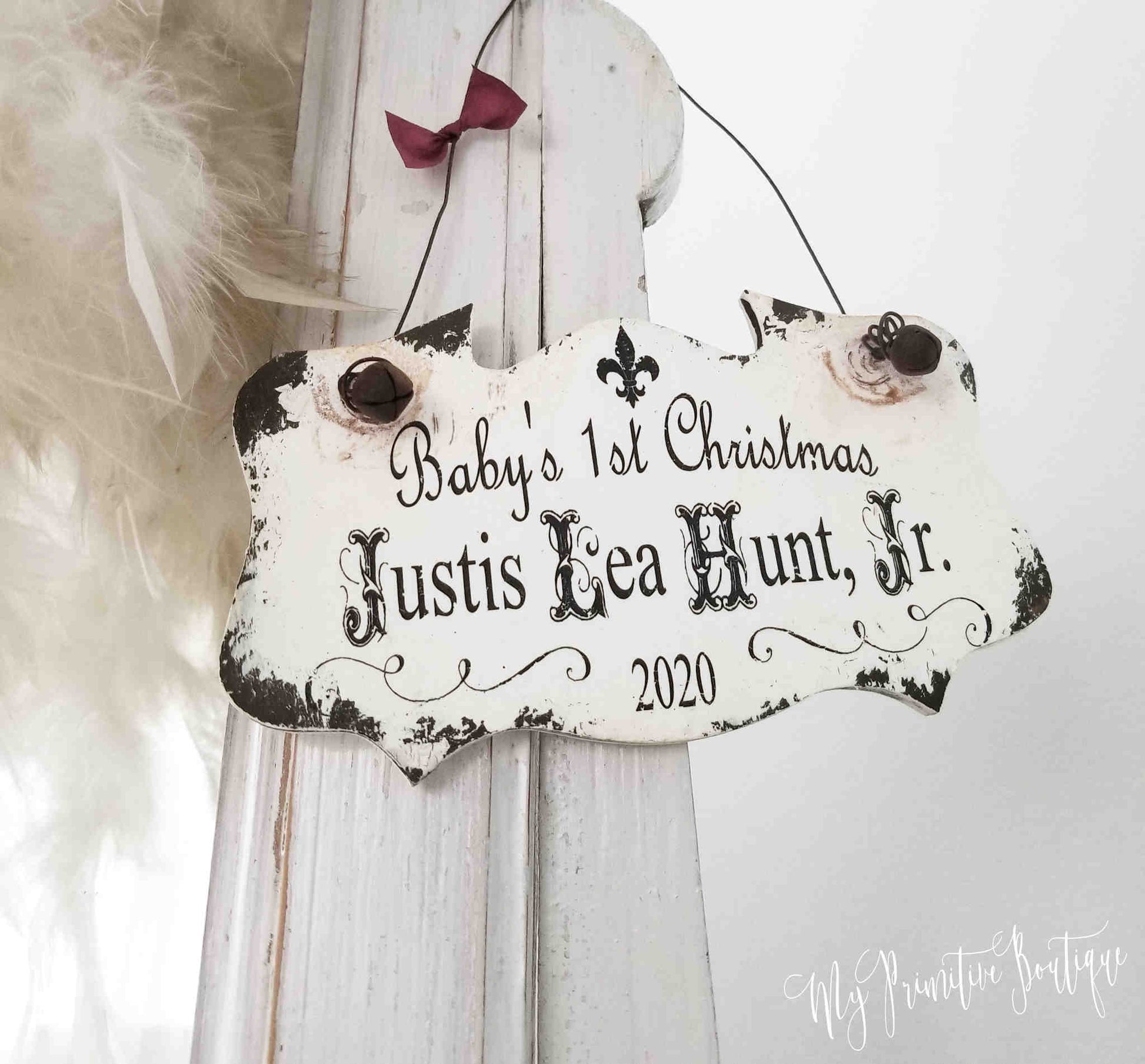Personalized baby ornament unique keepsake rustic distressed ivory Christmas decoration