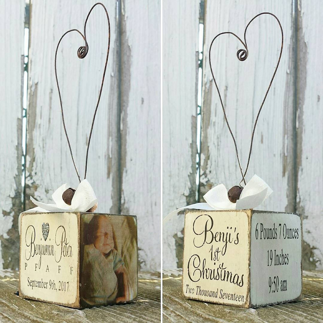 Rustic Baby’s First Christmas Ornament with Photo – Shabby Chic Style