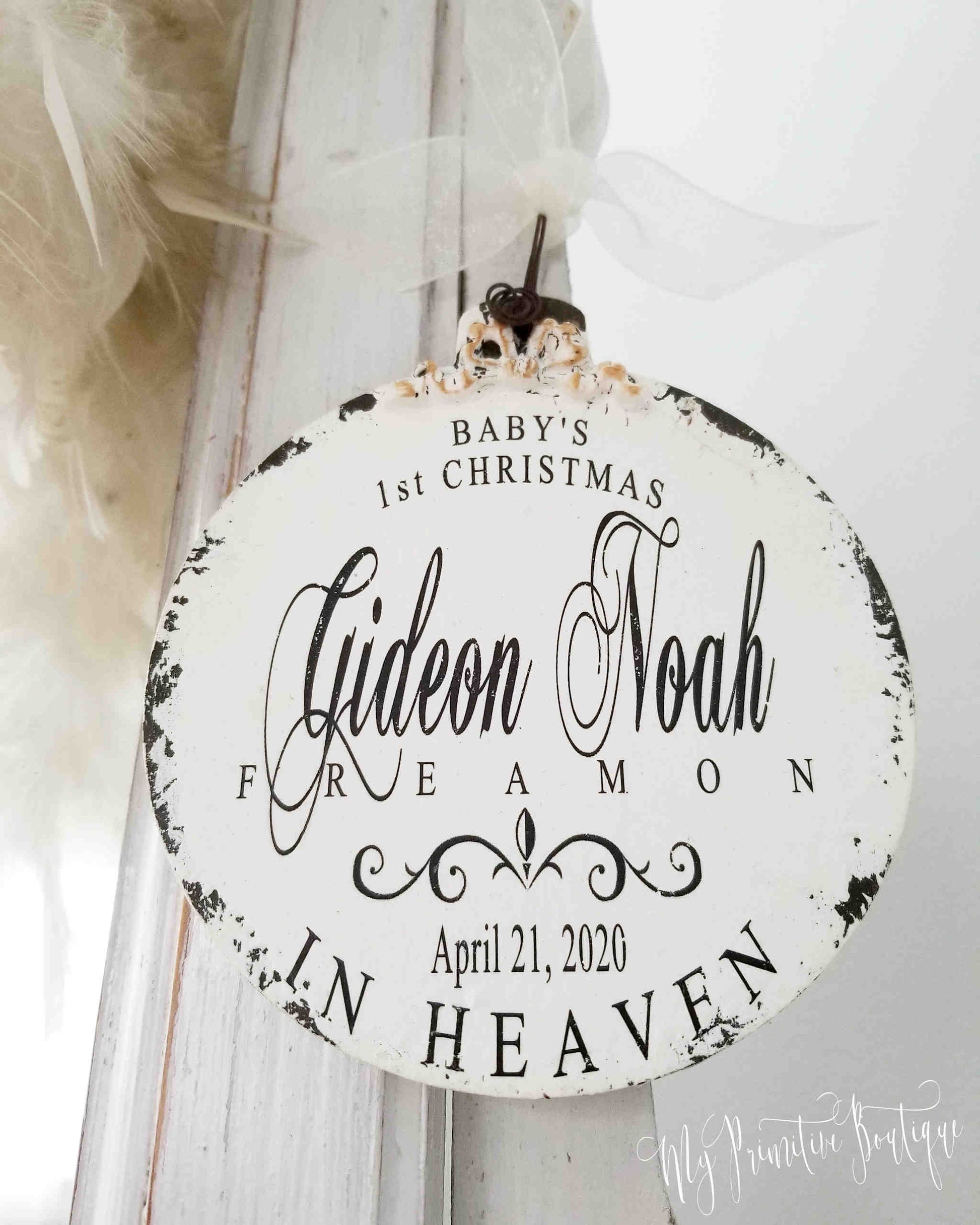 Rustic wooden ball ornament Christmas in Heaven memorial keepsake shabby chic design