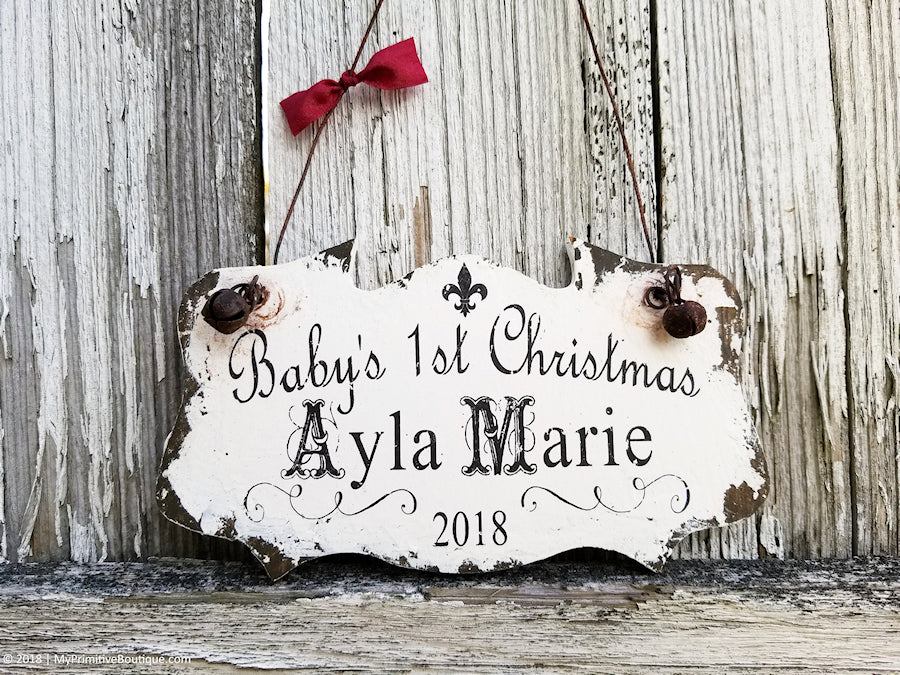 Unique rustic Babys 1st Christmas ornament personalized with name and year hand painted farmhouse style