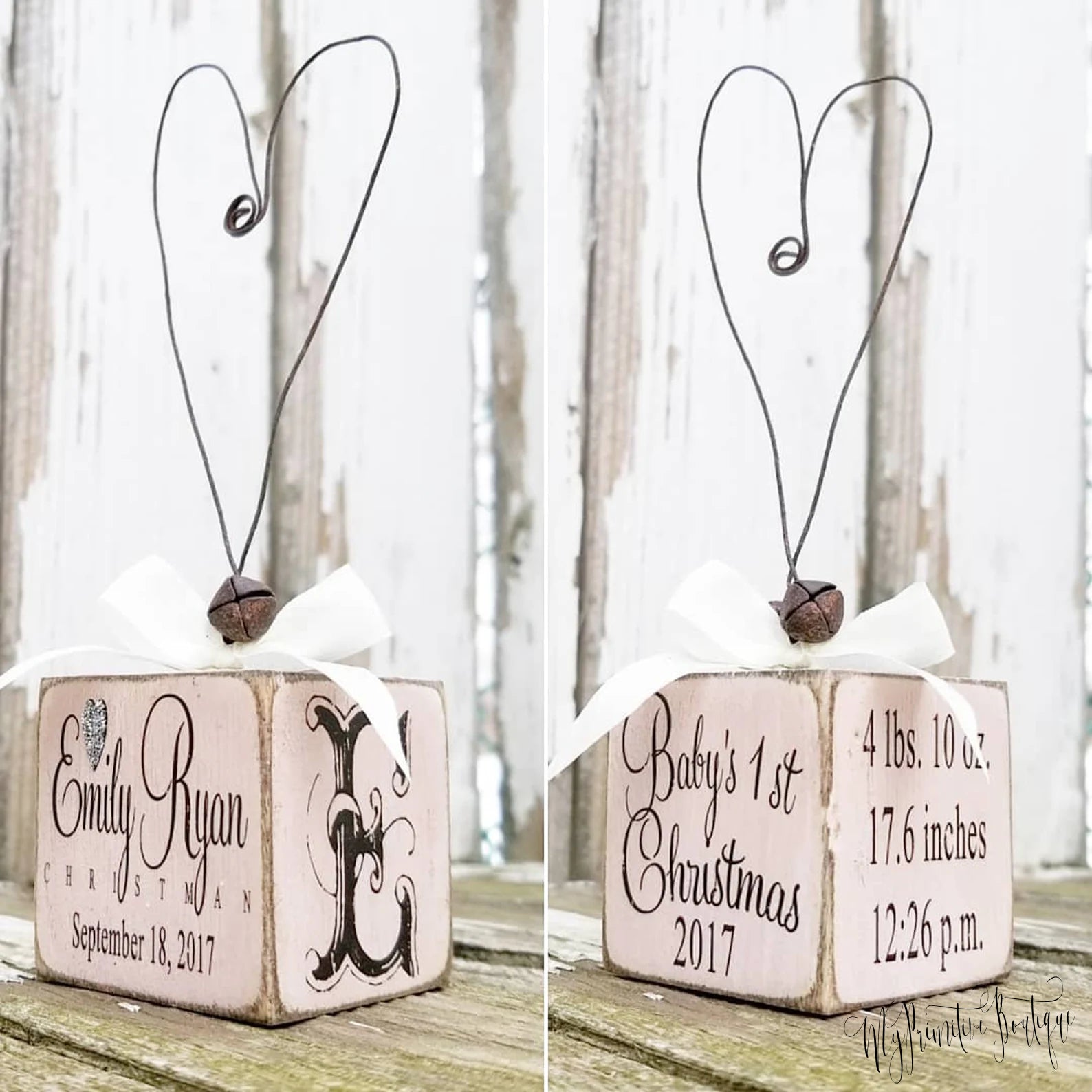 Baby’s First Christmas Ornament – personalized rustic keepsake with baby’s name and year