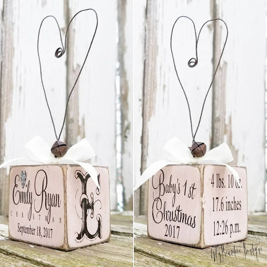 Baby’s First Christmas Ornament – personalized rustic keepsake with baby’s name and year