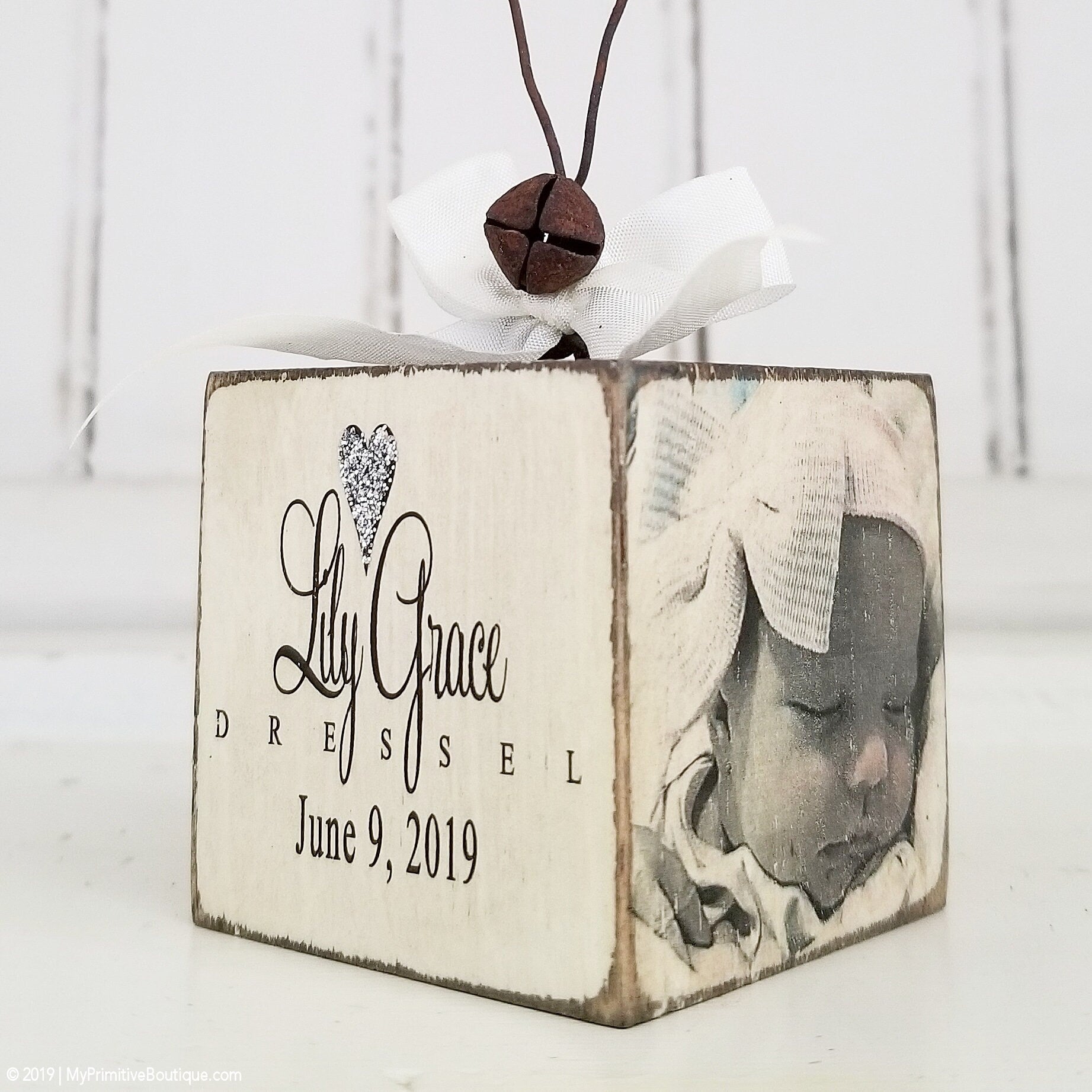 Personalized baby photo ornament rustic farmhouse style first Christmas keepsake