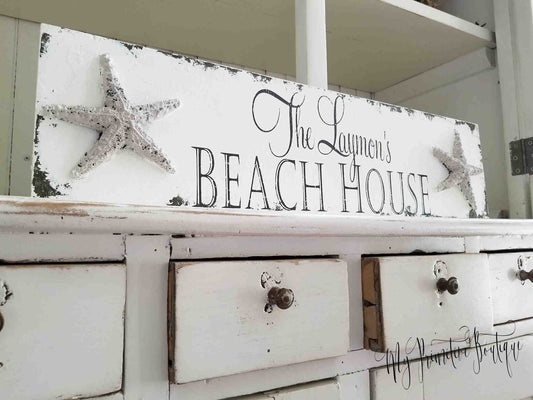 Custom family beach house wall sign personalized with family name shabby chic farmhouse home décor.
