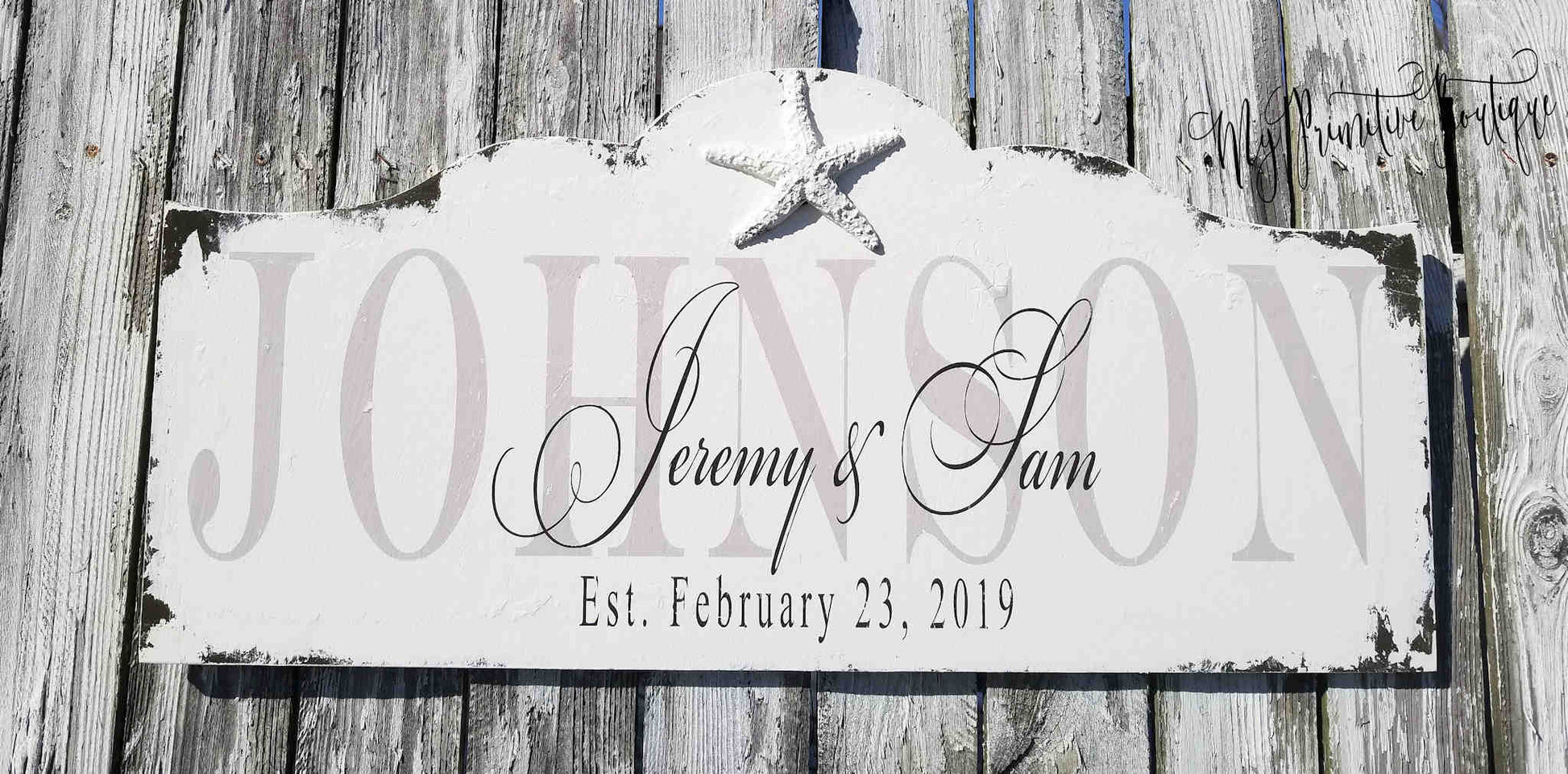 Rustic beach family name sign personalized with last name and established date hand painted distressed ivory finish