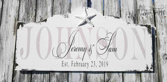 Rustic beach family name sign personalized with last name and established date hand painted distressed ivory finish