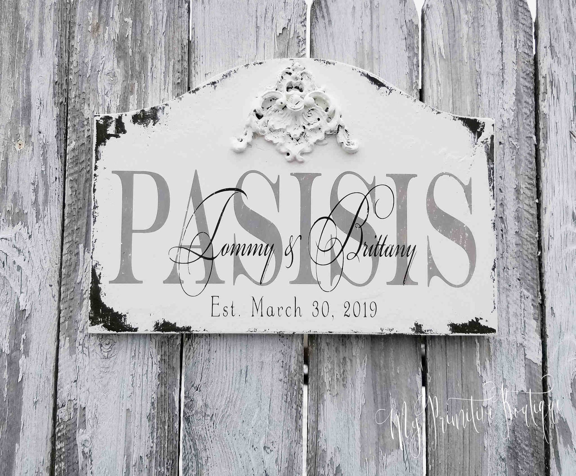 Hand-painted family established sign with last name and first names rustic farmhouse décor.