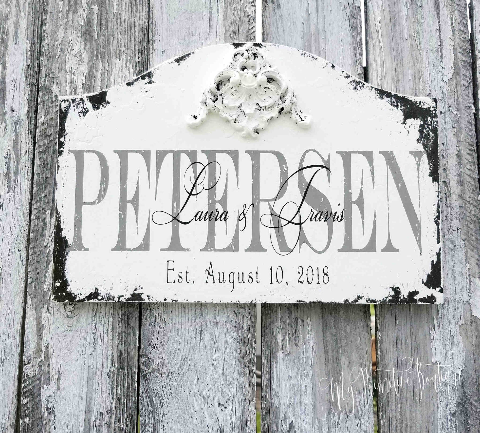 Rustic wedding gift family name sign personalized with last name and date hand painted.