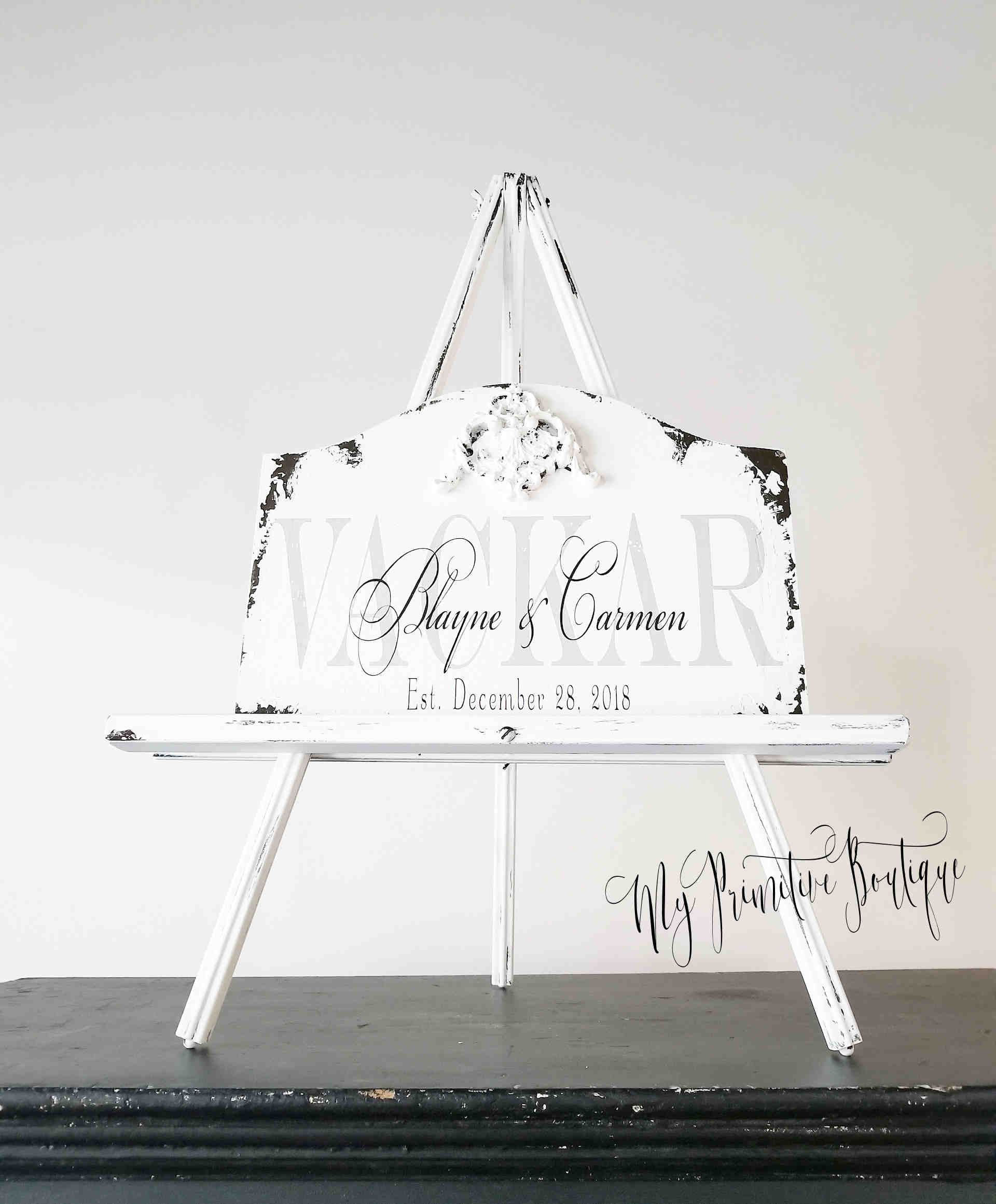 Rustic ivory wooden family name sign personalized wedding or anniversary gift.