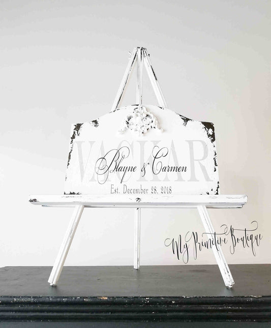 Rustic ivory wooden family name sign personalized wedding or anniversary gift.