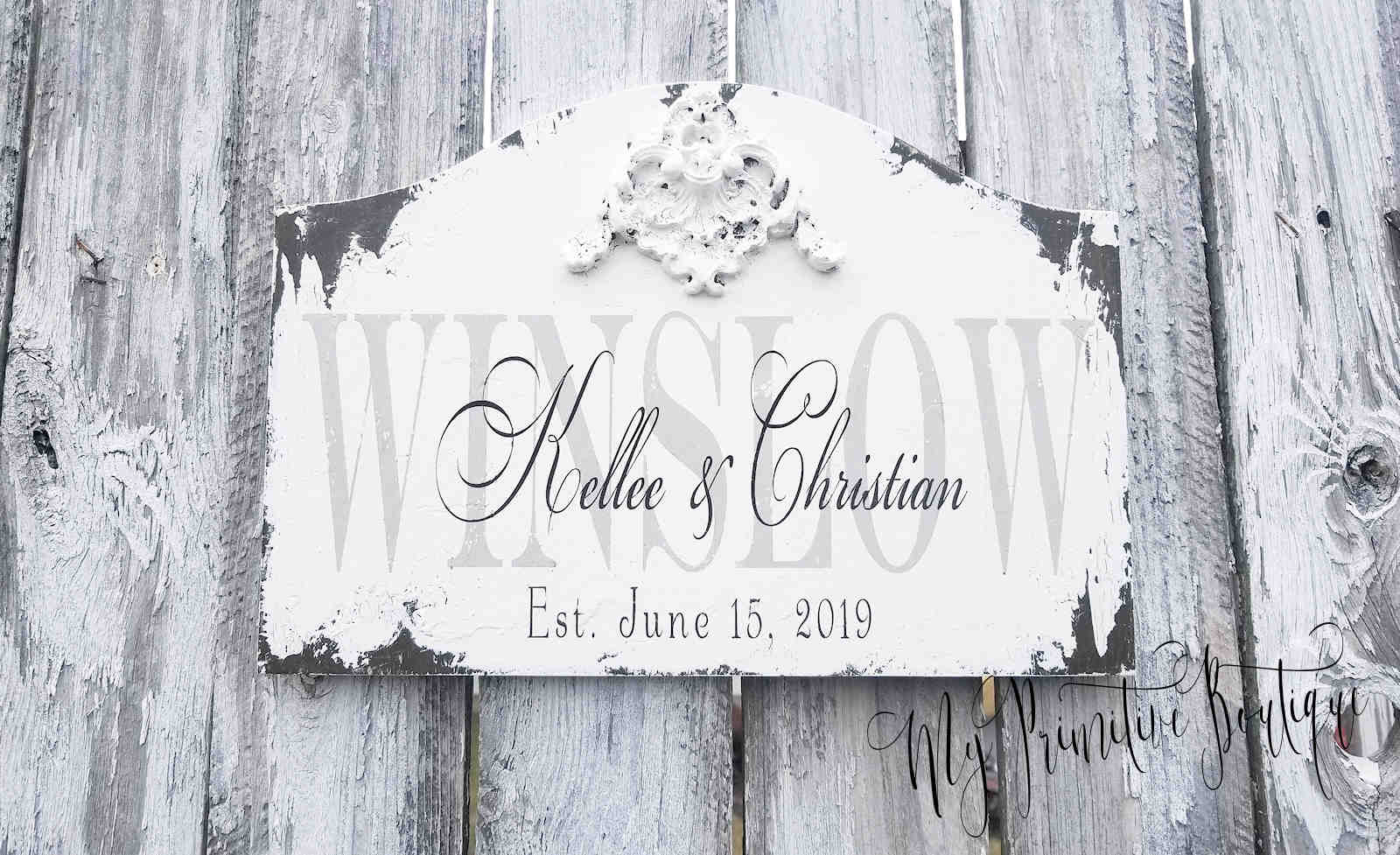 Custom farmhouse family name sign hand painted with names and established year.