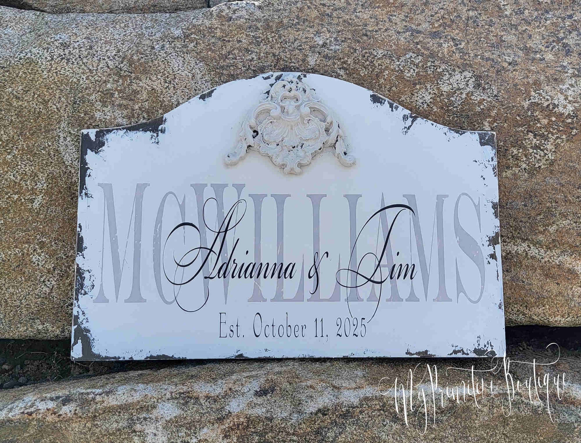 Hand-painted custom name sign in our distress ivory finish with first names, last name and wedding date.