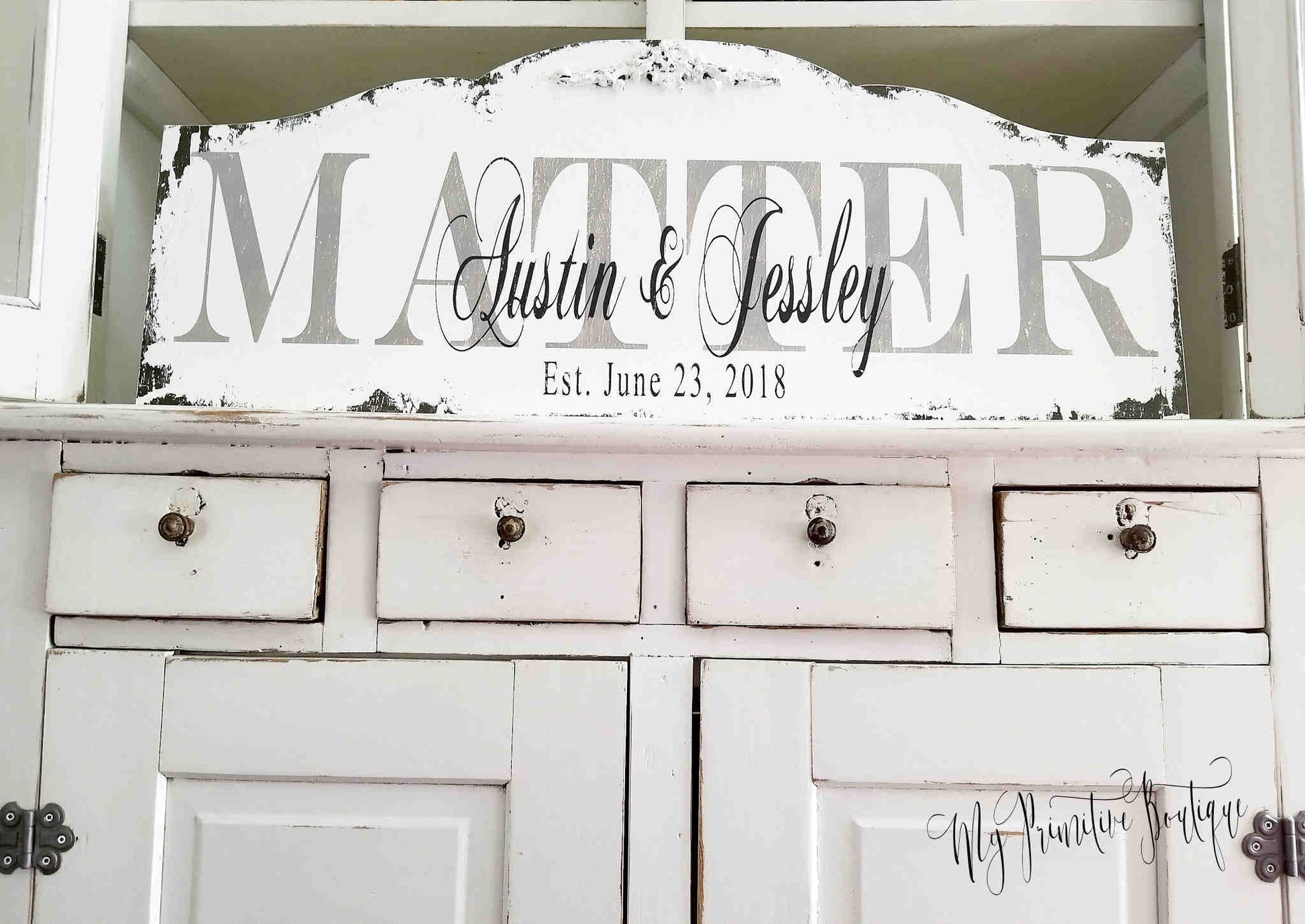 Custom heirloom family name sign with first names, last name, and wedding date hand painted rustic wood.