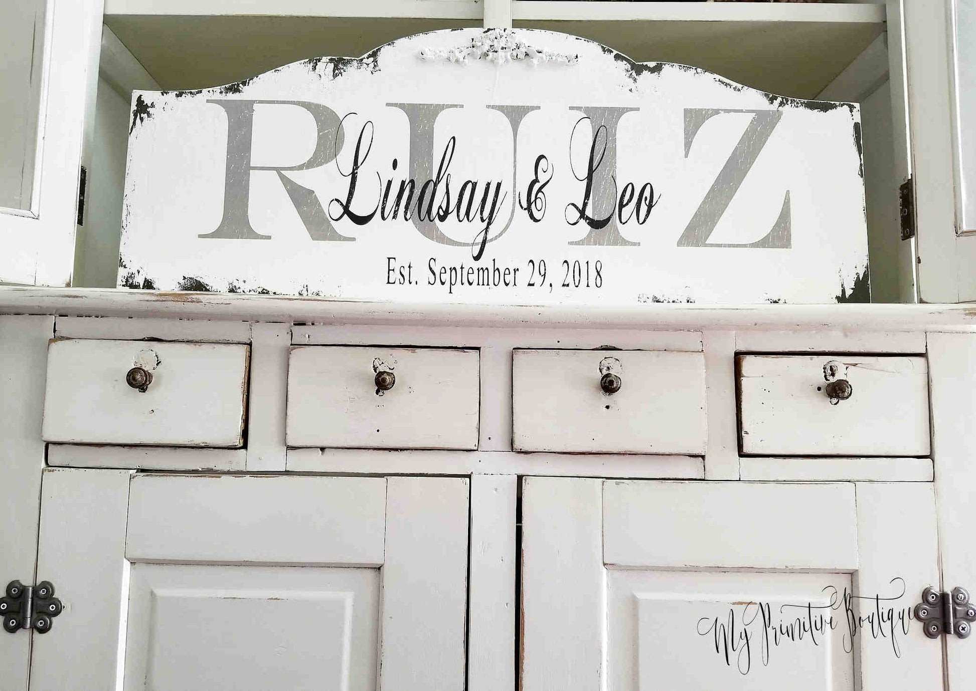 Personalized heirloom family name sign with first names, last name, and wedding date hand painted rustic wood.