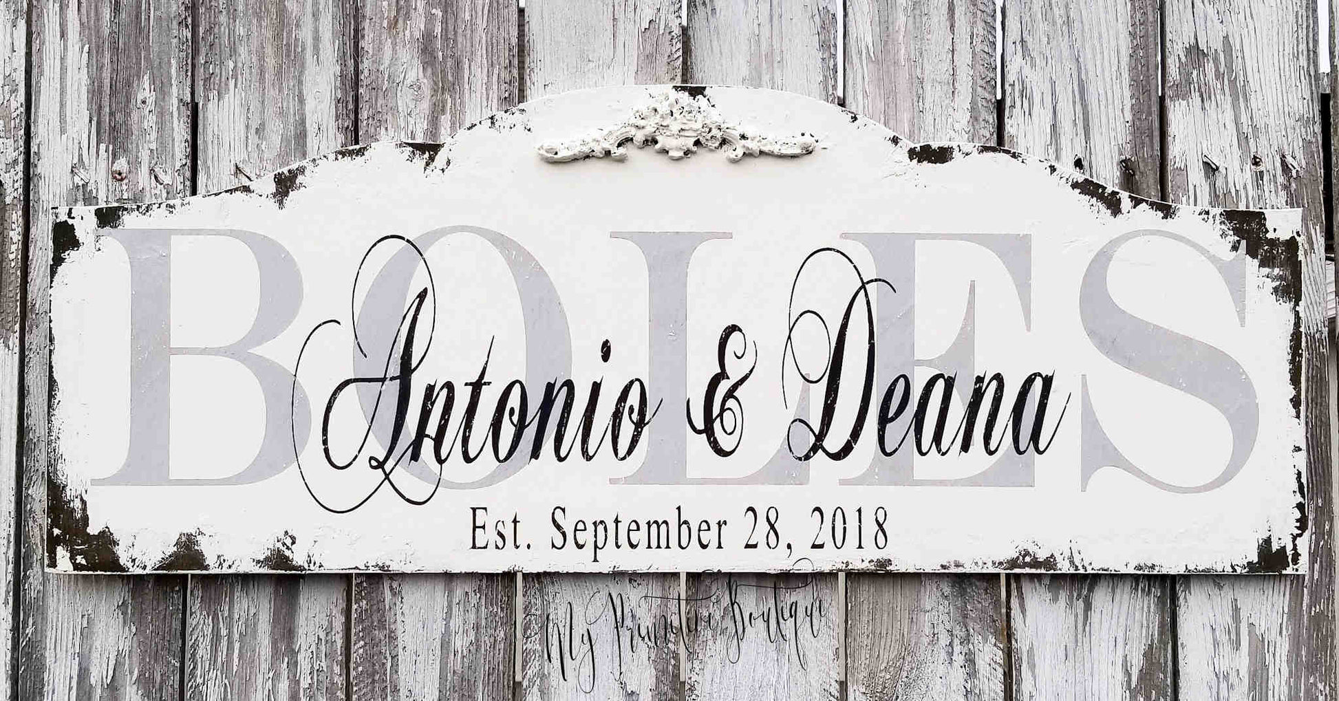 Heirloom personalized family name sign with first names, last name, and wedding date hand painted rustic wood.