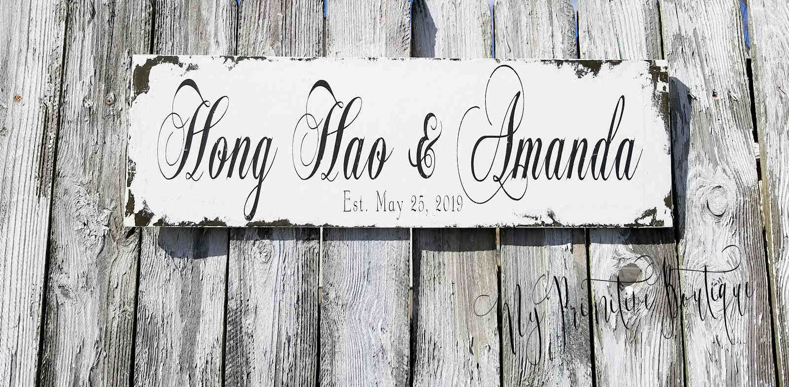 Custom name sign shabby chic style rustic ivory wood with black lettering.