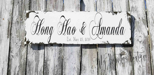Custom name sign shabby chic style rustic ivory wood with black lettering.