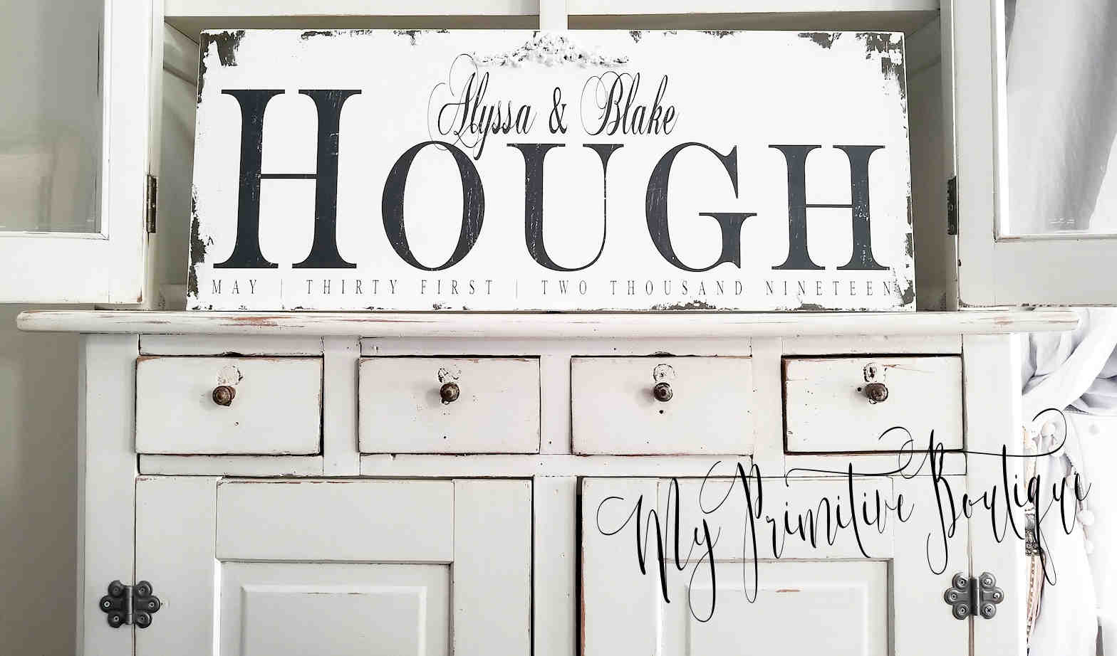 Rustic family name sign personalized with last name and established date hand painted in distressed ivory
