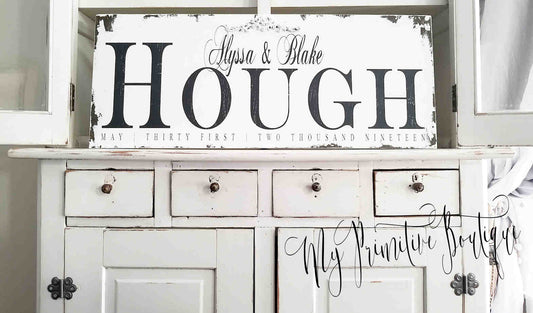 Rustic family name sign personalized with last name and established date hand painted in distressed ivory