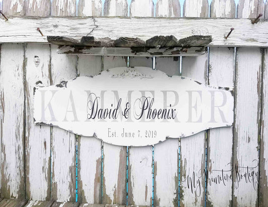 Shabby chic style personalized sign. Customized with first names, last name and wedding date. Gorgeous Wedding and Home Decor!