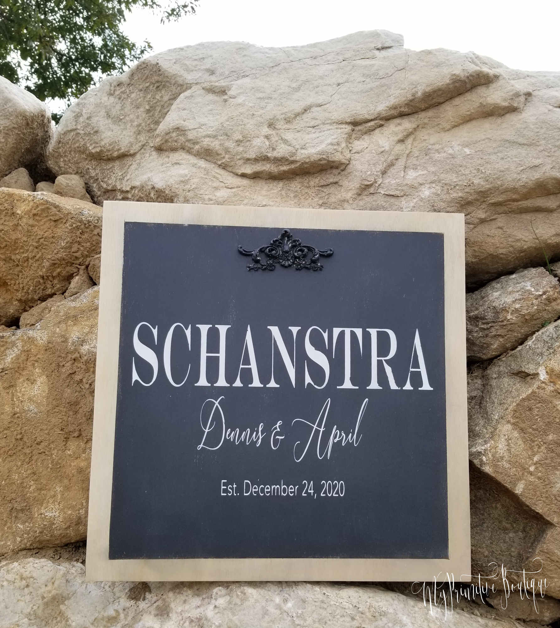 Personalized family name sign in rustic industrial style, custom last name and established date on 18x18 wooden plaque