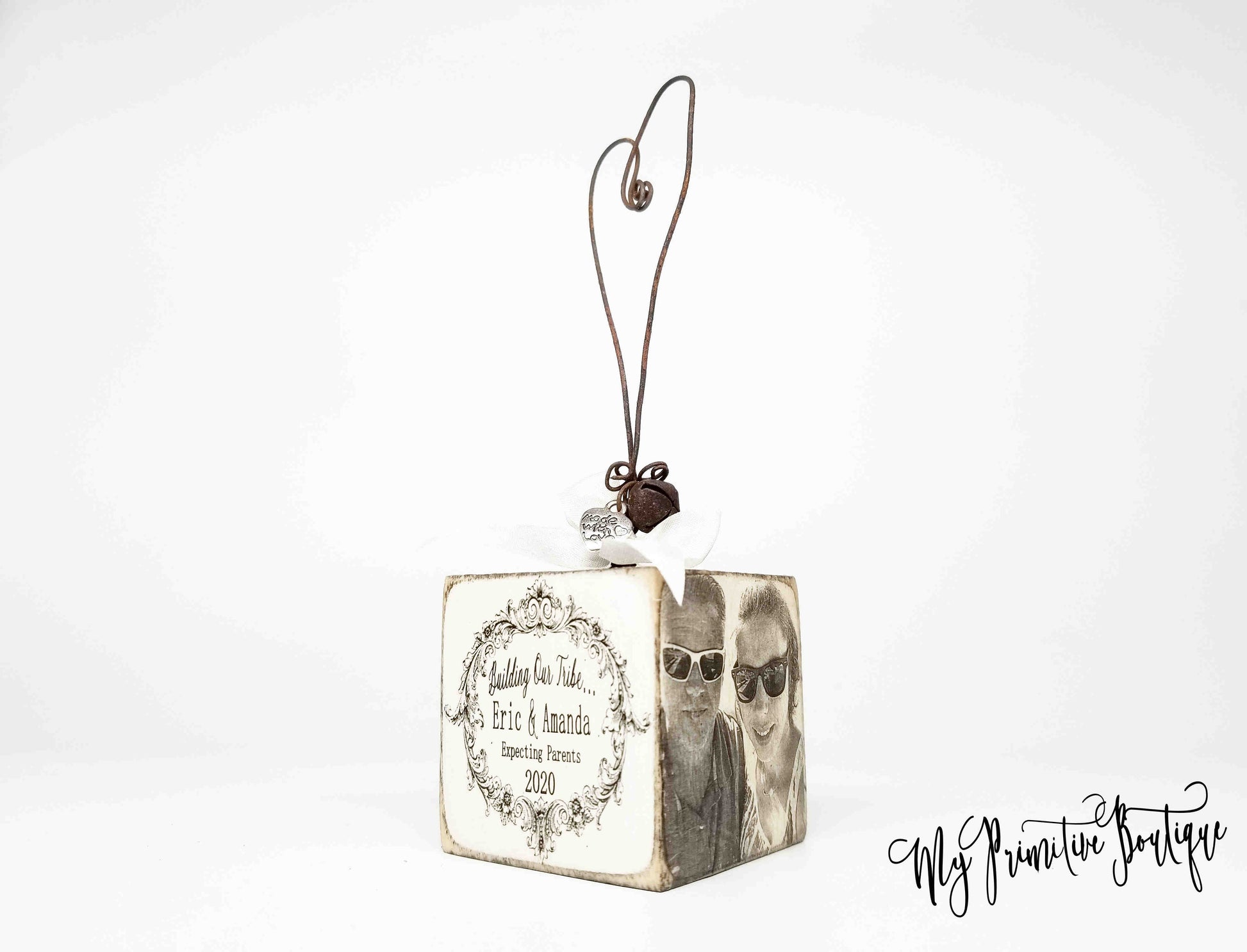 Custom maternity ornament with Building Our Tribe message rustic distressed ivory finish pregnancy keepsake.