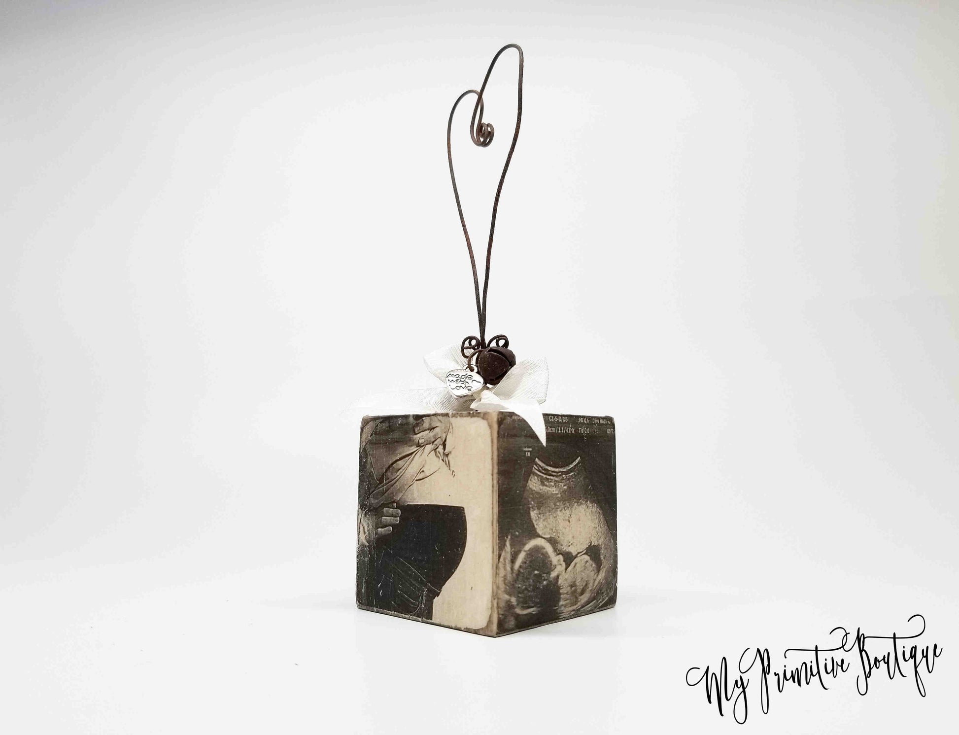 Hand-painted rustic baby ornament with Building Our Tribe message shabby chic farmhouse style.