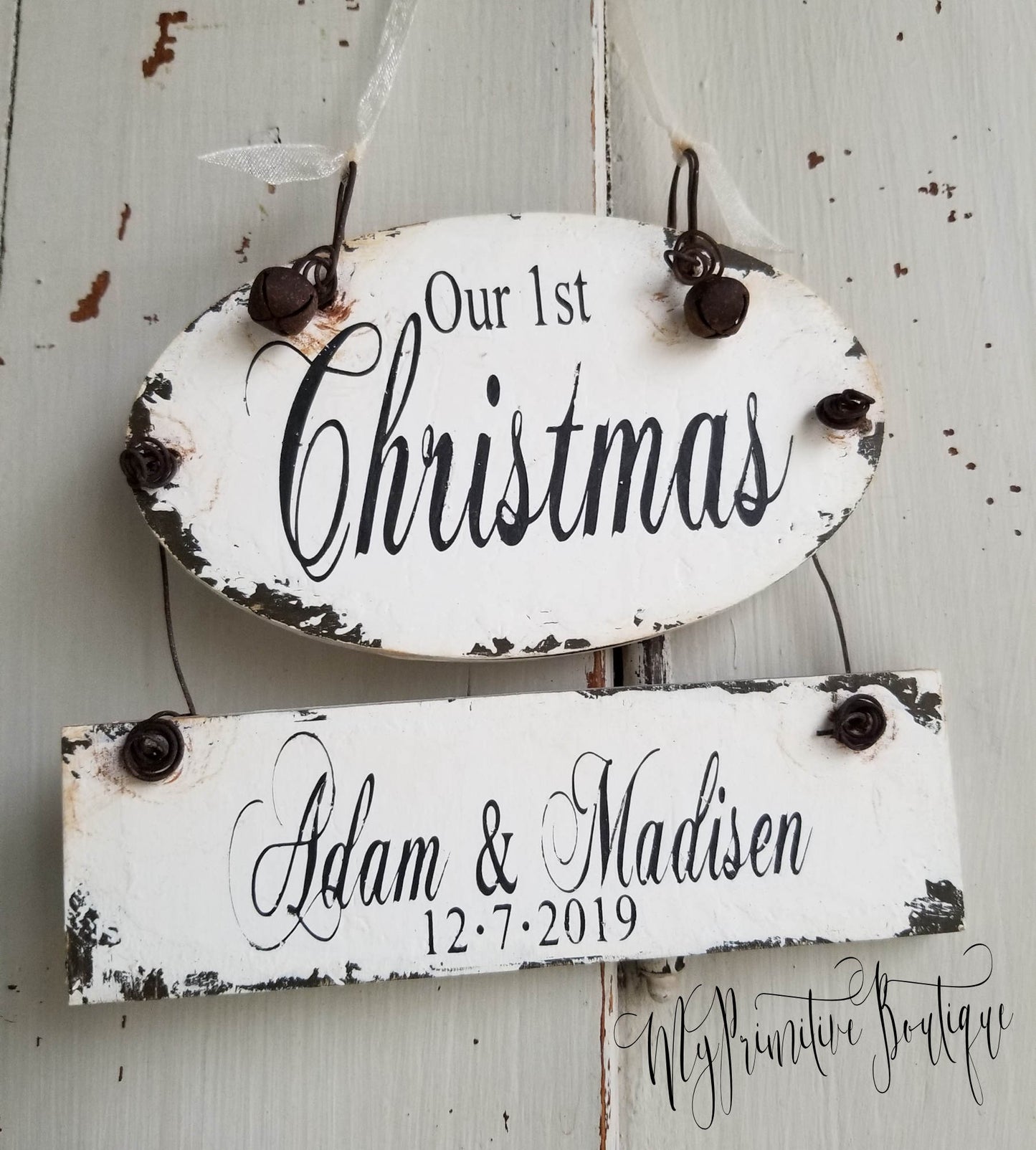 Rustic hand-painted first Christmas ornament for couples
