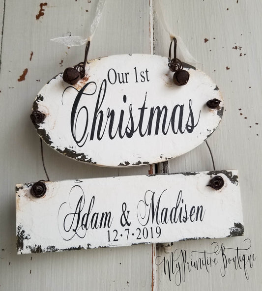 Rustic hand-painted first Christmas ornament for couples