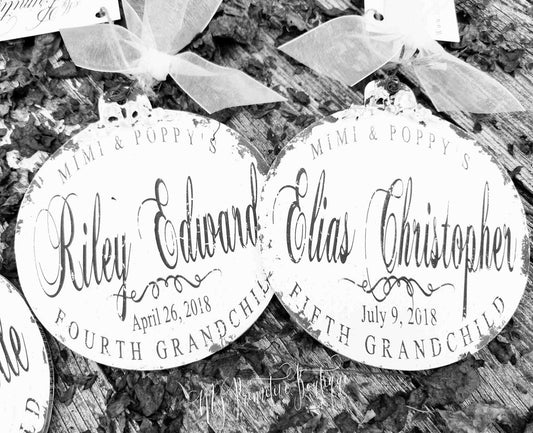 Personalized wooden ball ornament hand painted in rustic distressed ivory with ribbon