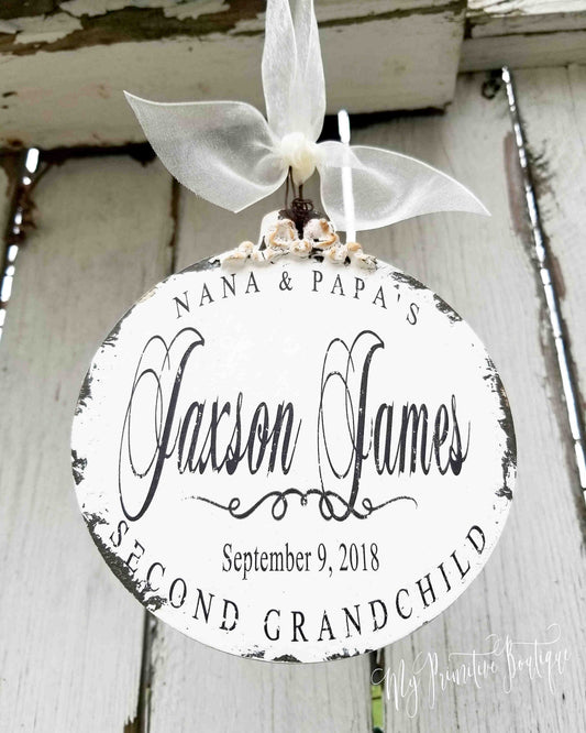 Wooden ball ornament personalized for baby’s first Christmas rustic farmhouse style