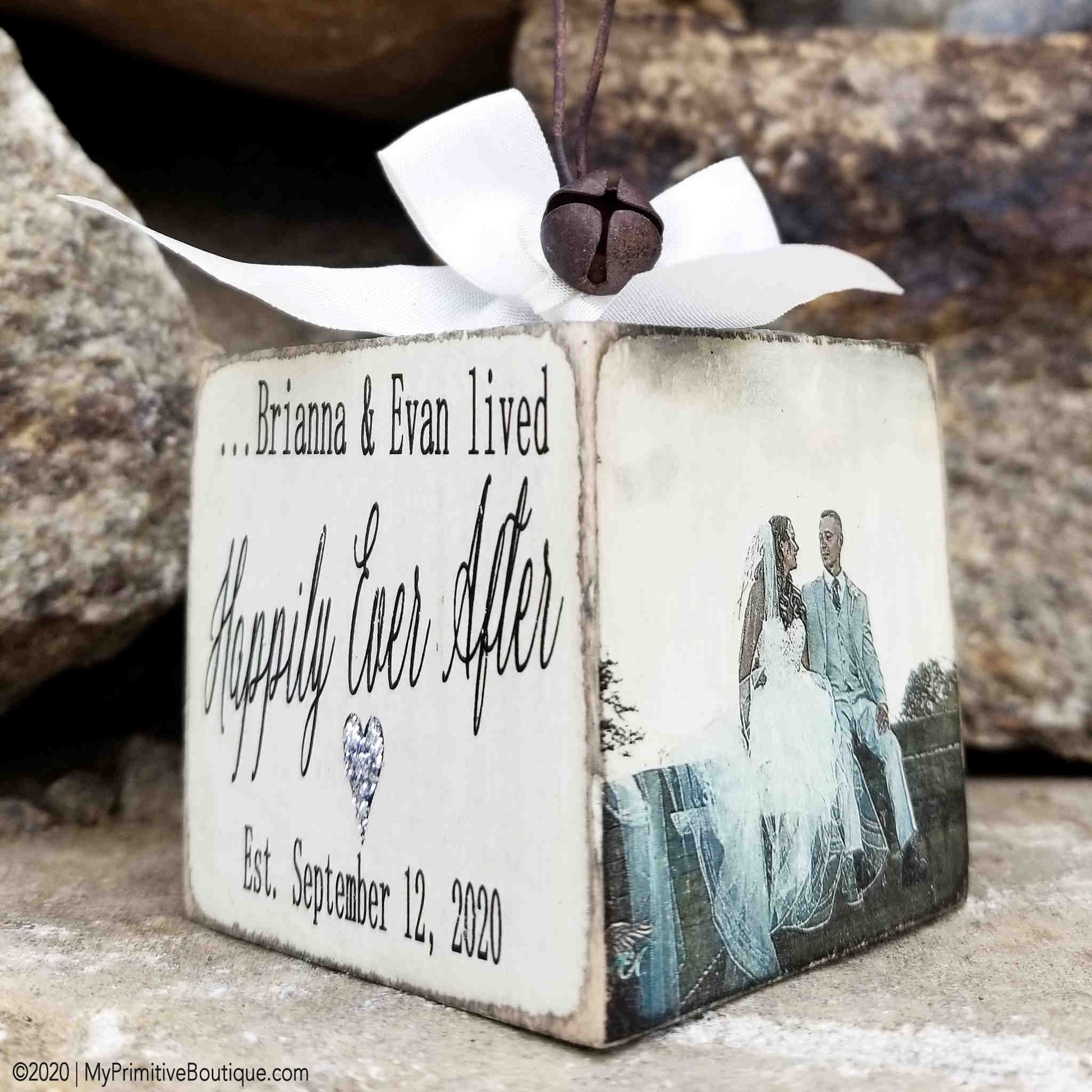 Rustic wooden happily ever after wedding photo ornament personalized with couple's picture and date