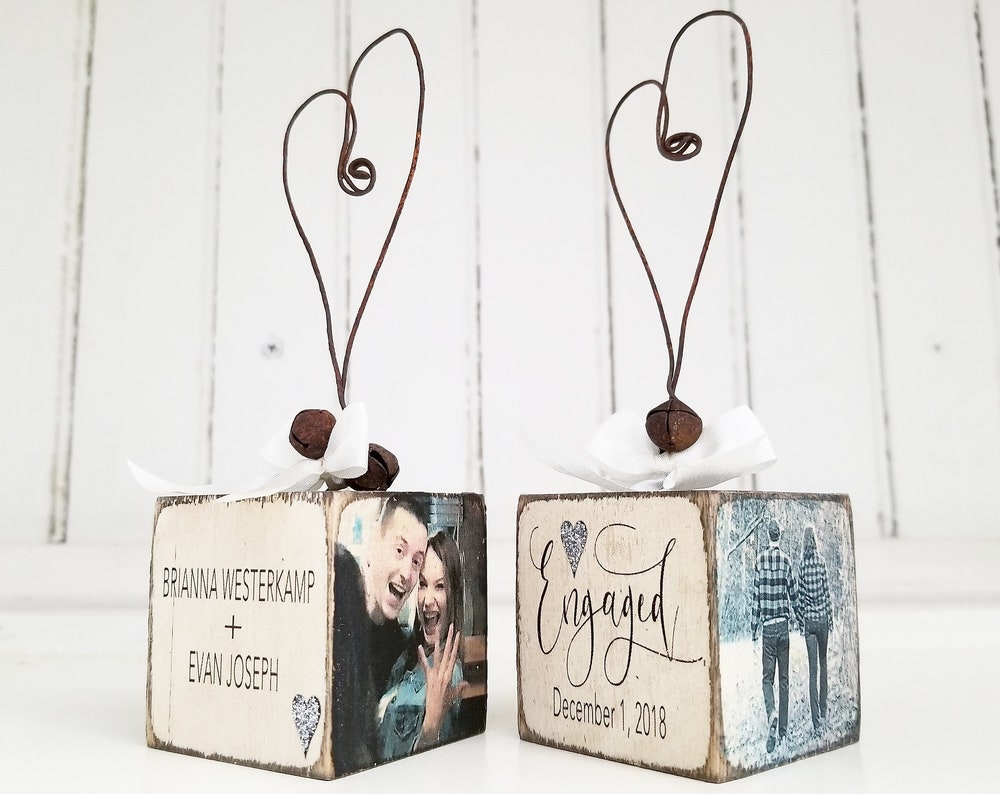 Custom engagement photo ornament rustic distressed ivory finish personalized keepsake