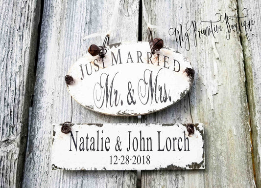 Rustic Just Married ornament personalized with names and date farmhouse style