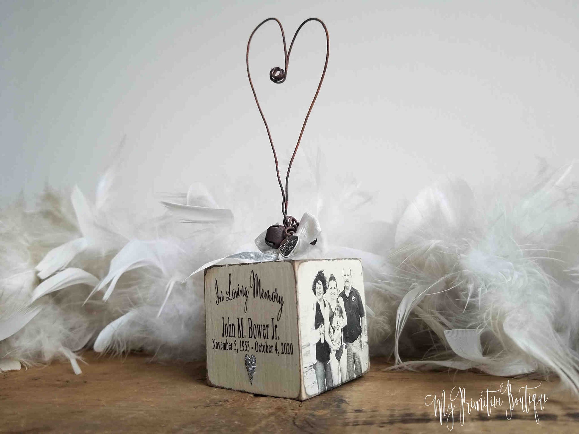 Hand-painted photo remembrance ornament rustic distressed ivory for holiday décor