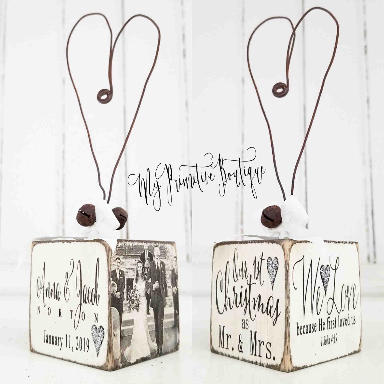 One of our most popular photo wedding ornaments personalized with first and last name, wedding date, photo and quote.