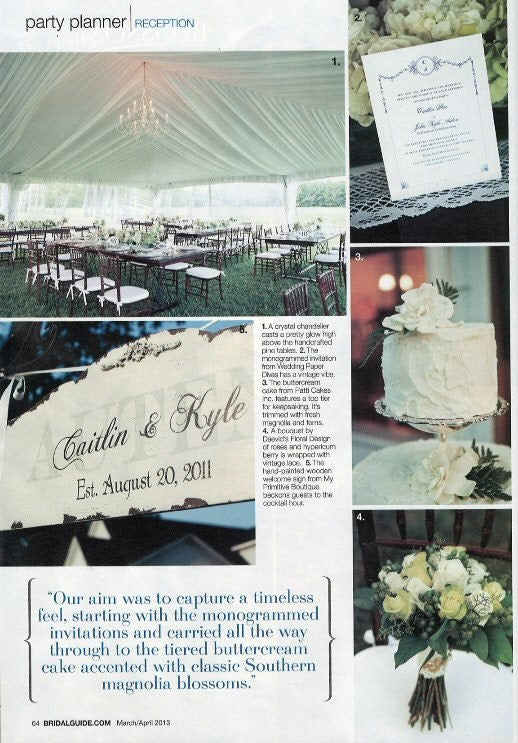 My Primitive Boutique custom family name sign featured in Bridal Guide magazine in 2013