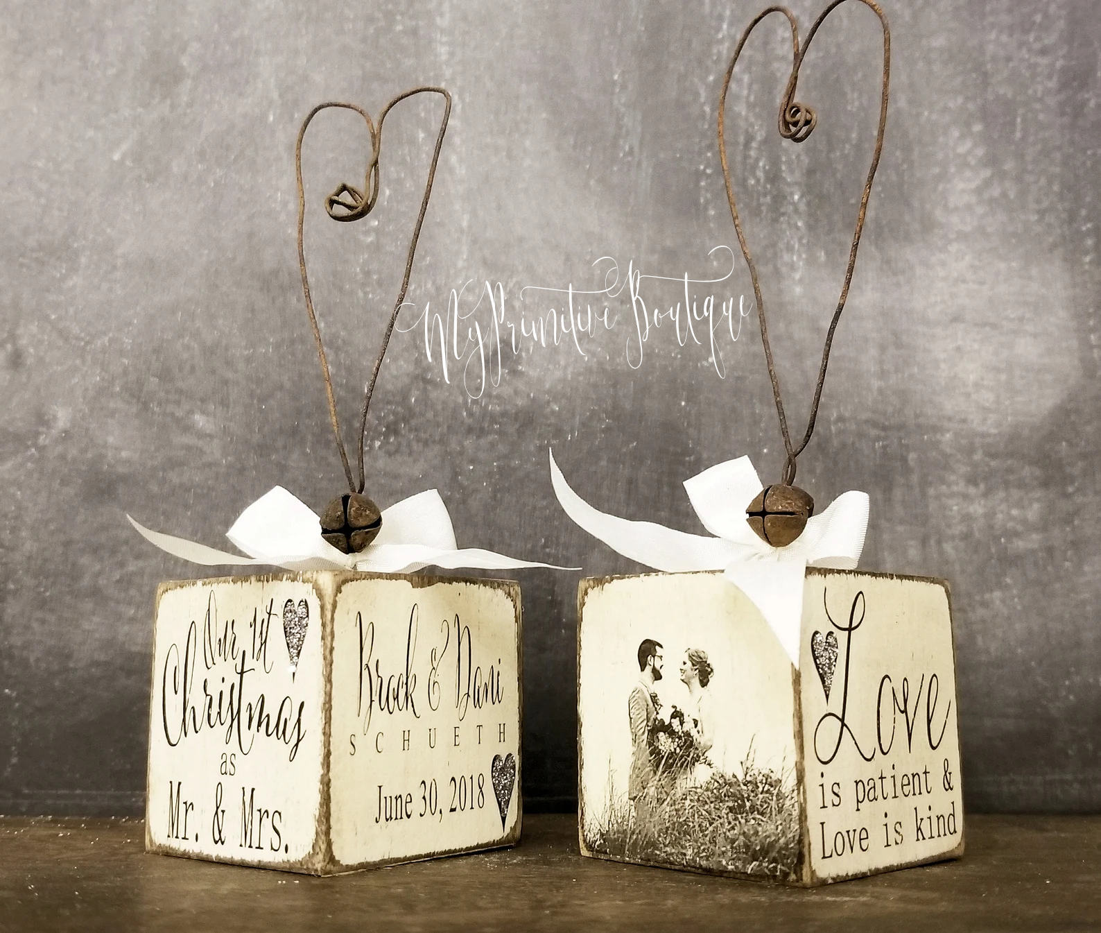 Just Married rustic Christmas ornament with rusty wire heart hanger