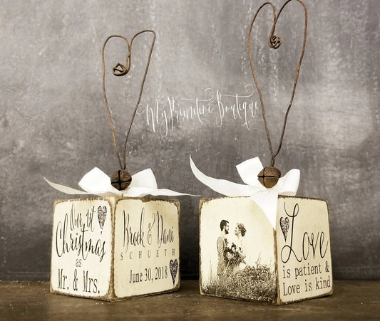 Just Married rustic Christmas ornament with rusty wire heart hanger