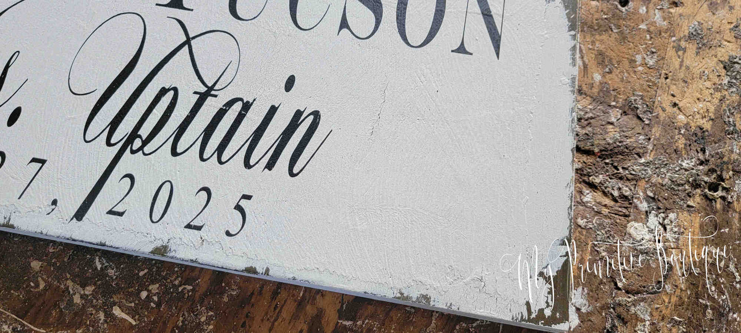 Styled elopement photo prop, personalized secret wedding sign in our rustic ivory distressed finish.