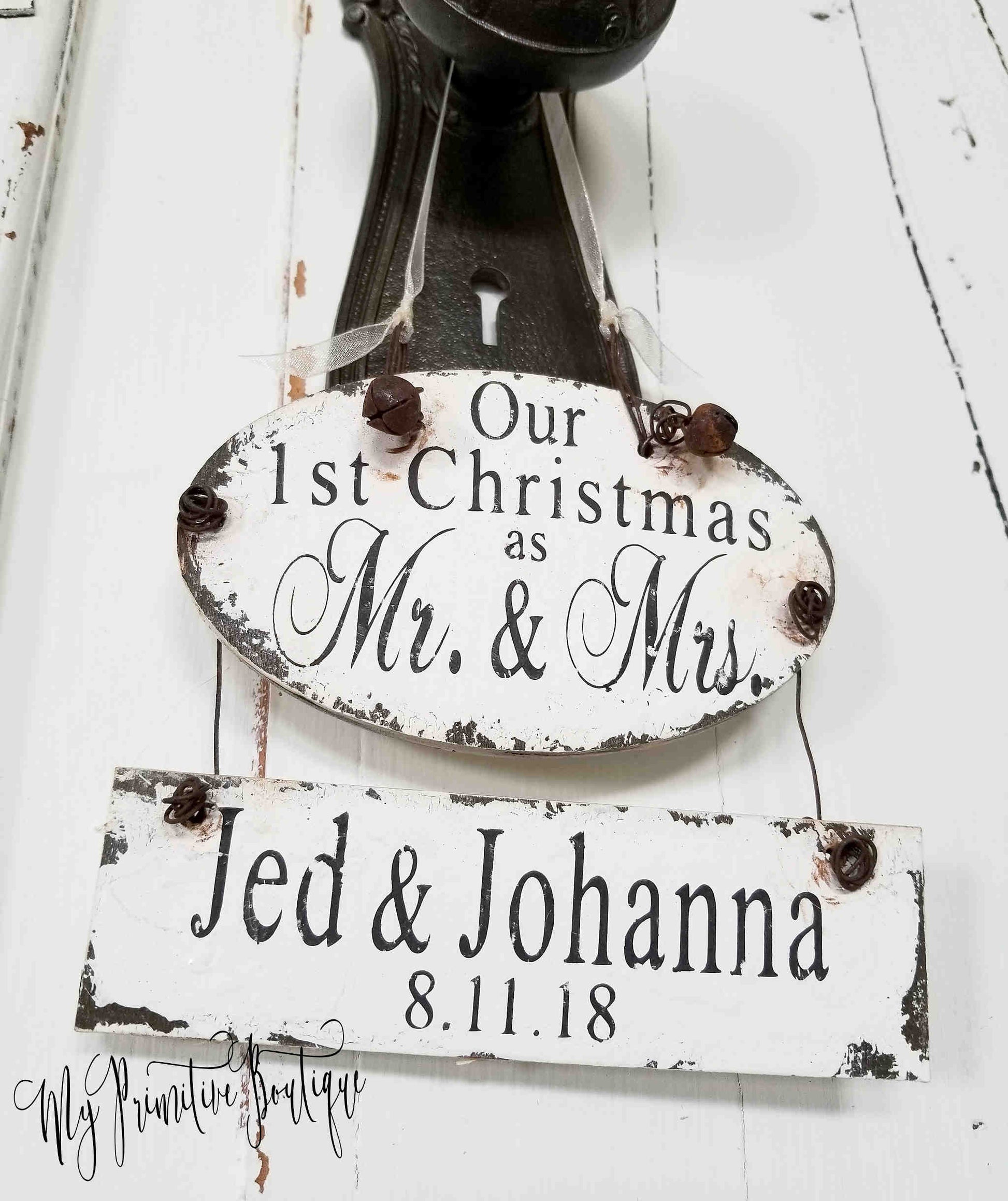 Rustic Mr and Mrs ornament personalized with first names and wedding date distressed ivory finish