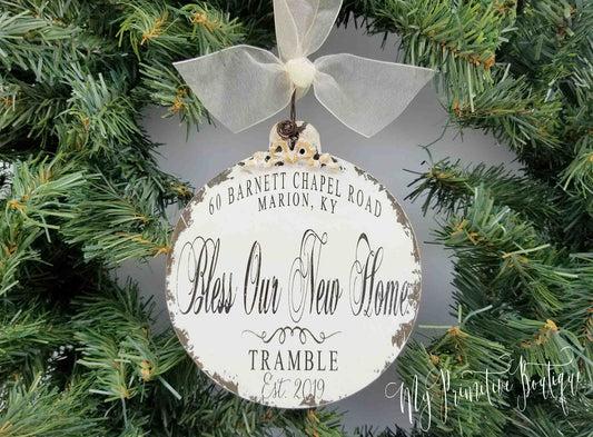 Rustic wooden address ornament hand painted with home number and last name Christmas keepsake