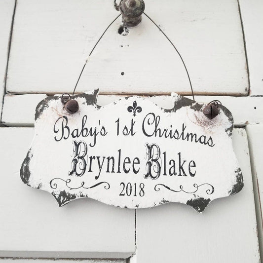 Rustic unique baby’s first Christmas ornament personalized with name and year hand painted farmhouse style