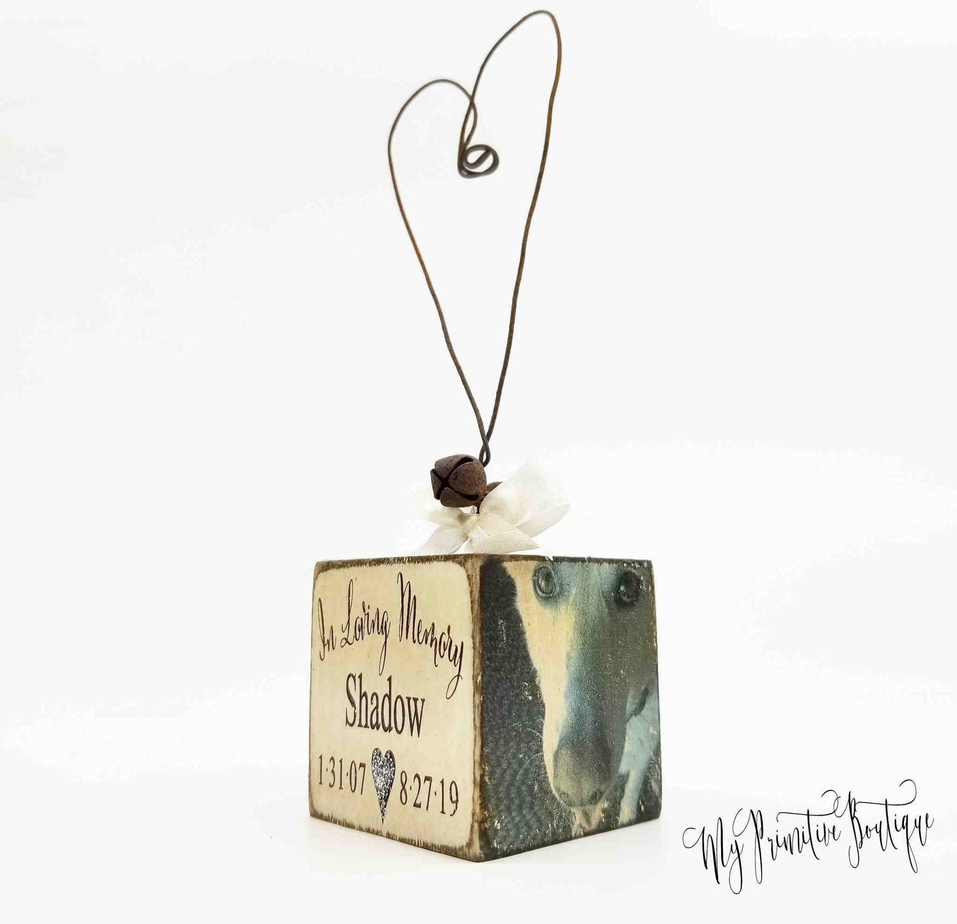 Hand-painted Christmas pet memorial ornament with name and year, rustic farmhouse remembrance keepsake.