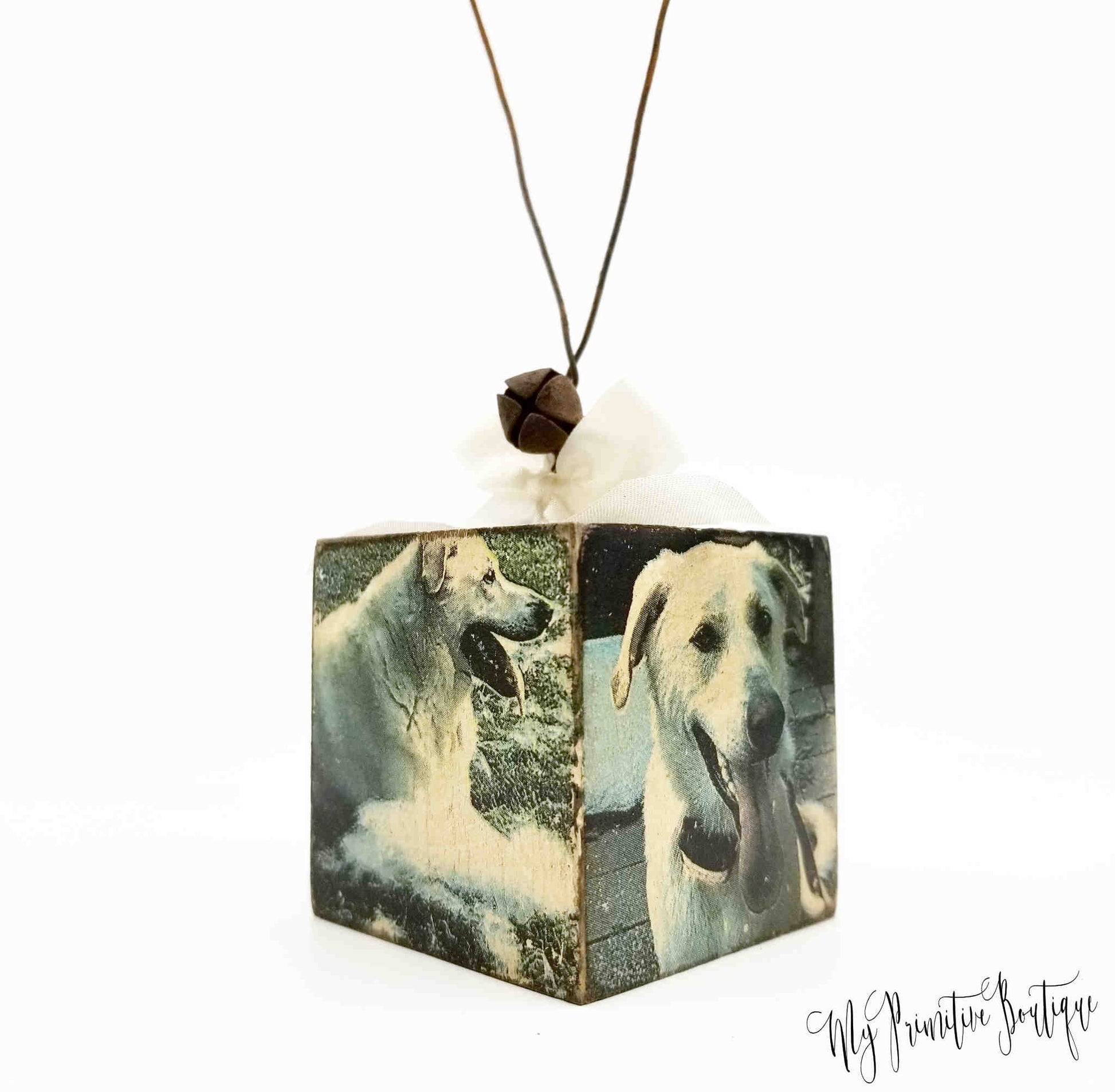 Hand-painted Christmas pet memorial photo ornament with name and year, rustic farmhouse remembrance keepsake.