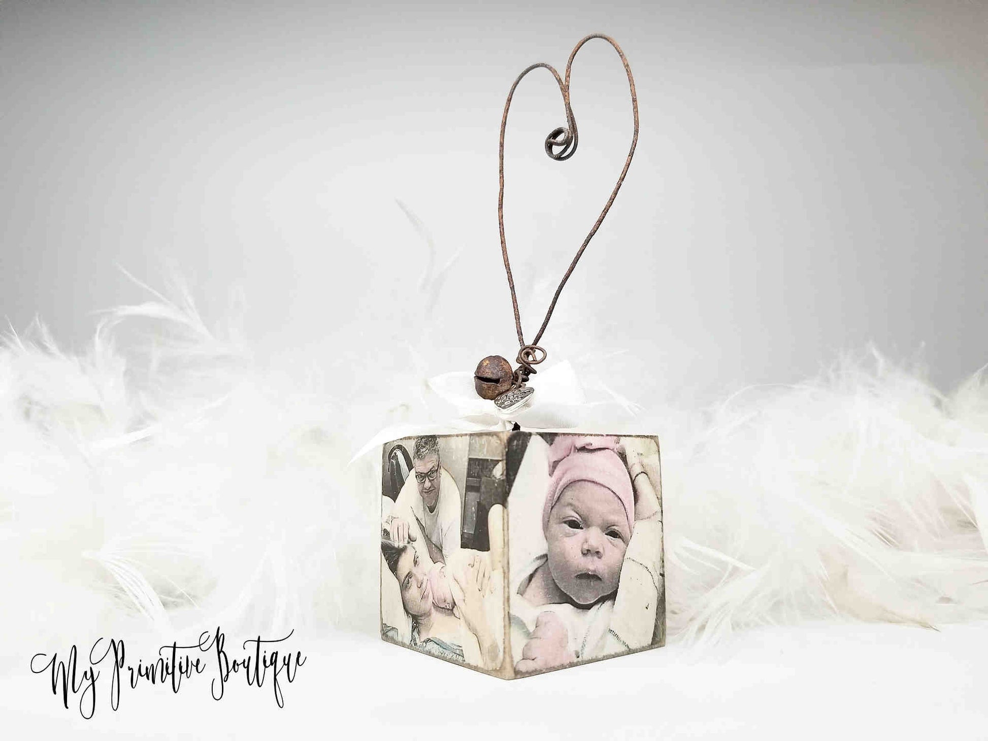 Custom wooden ornament hand painted with Welcome to the World and baby’s name rustic heirloom