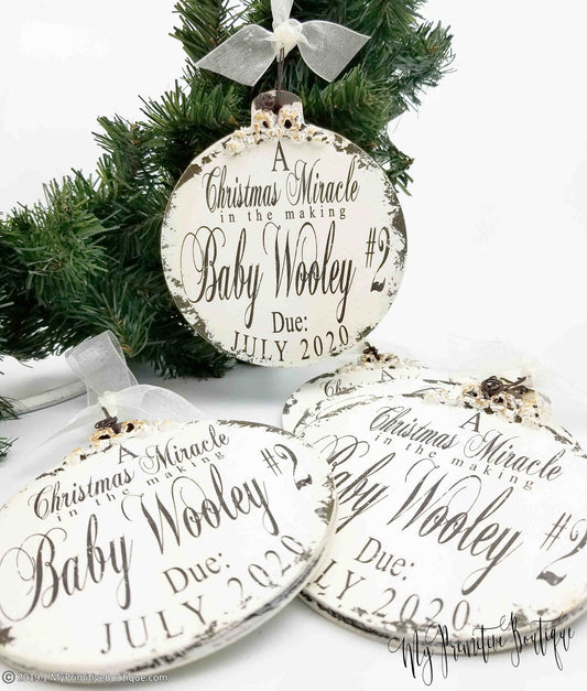 Wooden ball ornament personalized for baby announcement rustic farmhouse style