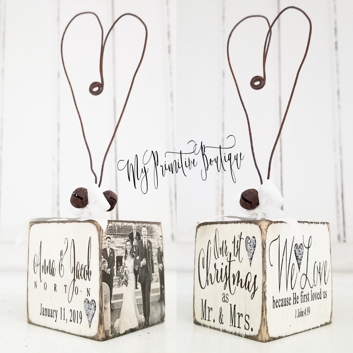 Rustic wooden wedding photo ornament personalized with couple’s picture and date