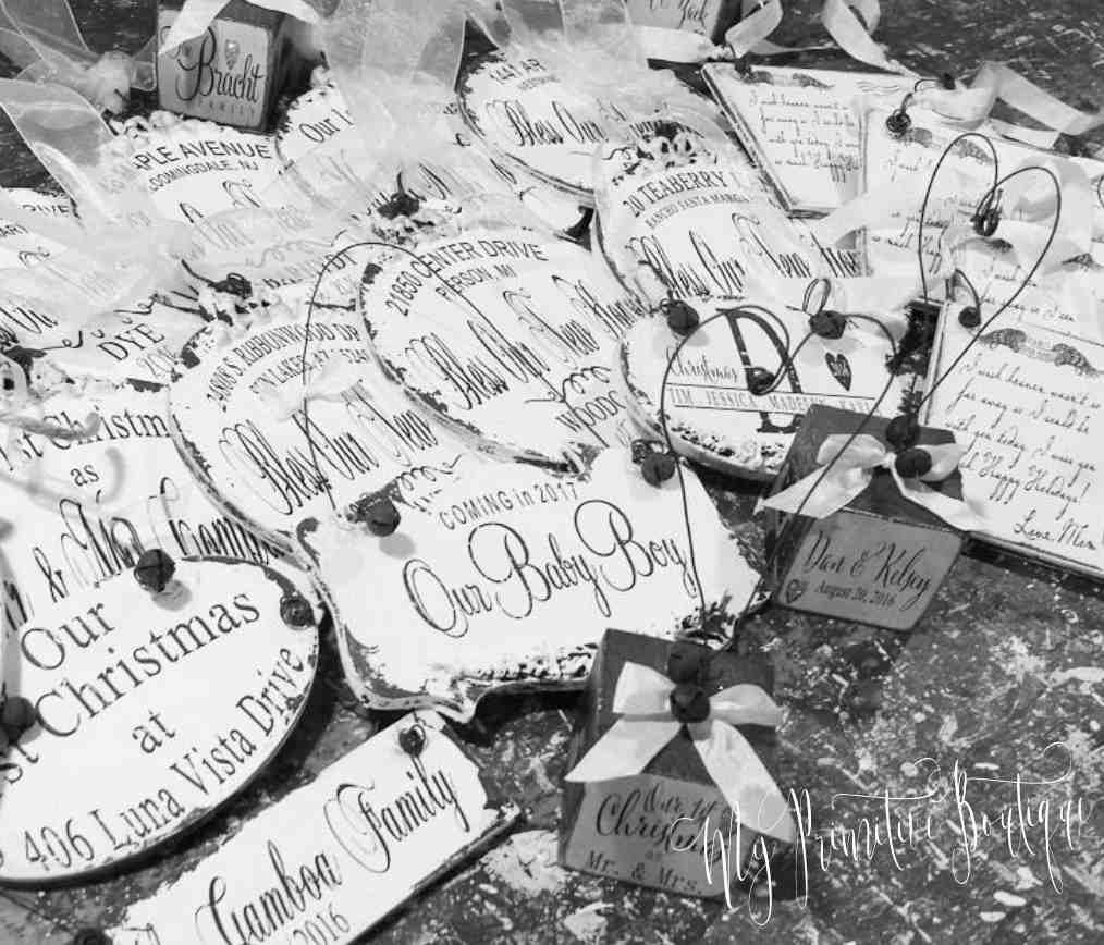Come shop our shabby chic personalized Christmas ornament collection.