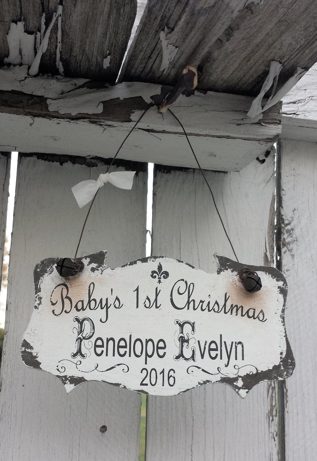 Baby 1st Christmas ornament unique keepsake rustic distressed ivory 